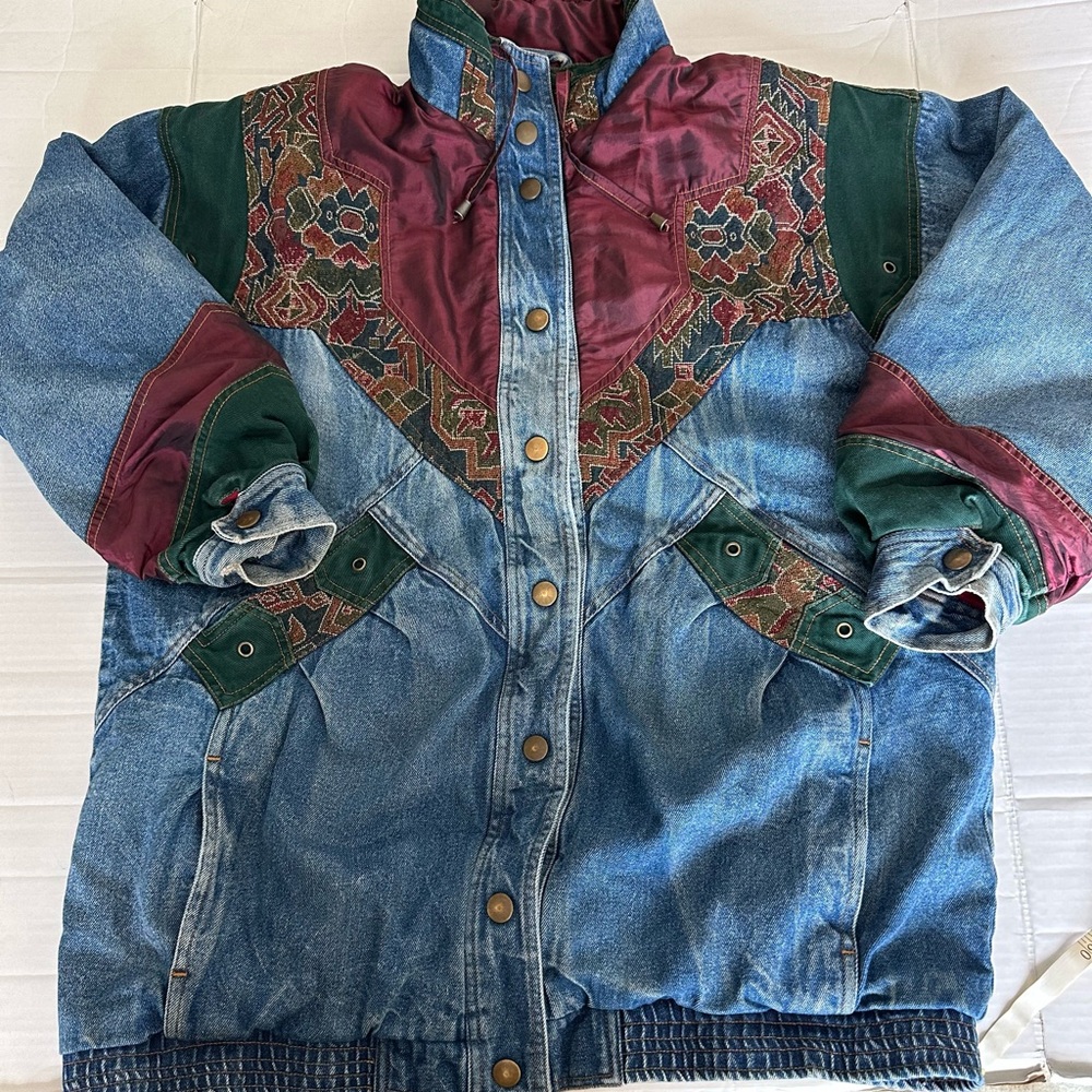 Vintage Two Twenty Denim Tapestry Patchwork Mom Jacket Size Large  90s Oversized